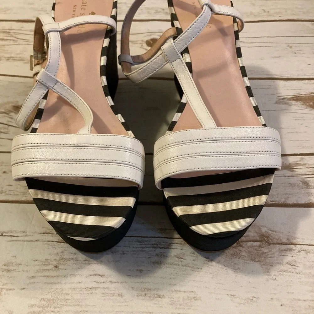 Kate Spade Black and White Stripes Wedge Heel Sandals Size 9.0